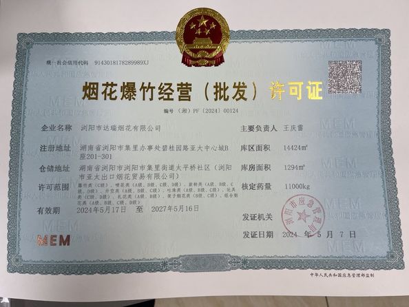 चीन Liuyang Mandarin Fireworks Co., Ltd. प्रमाणपत्र